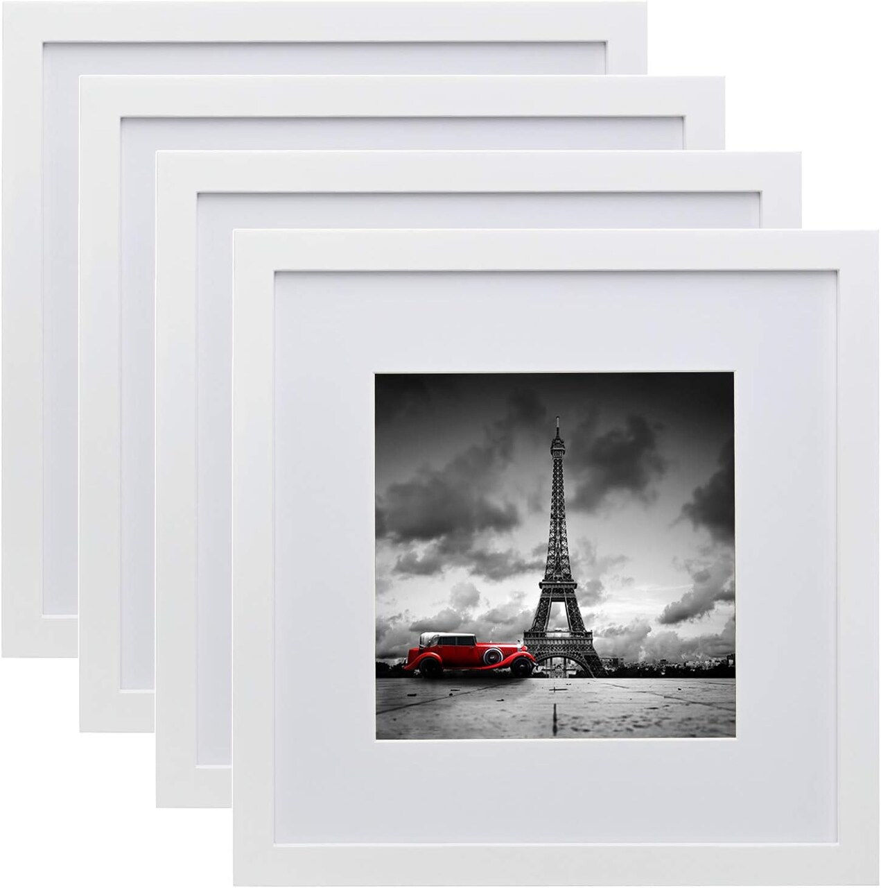 12x12 Picture Frames White, Wood Frames with HD Plexiglass for Pictures 8x8 with Mat or 12x12 without Mat, Wall Mounting Display, Set of 4